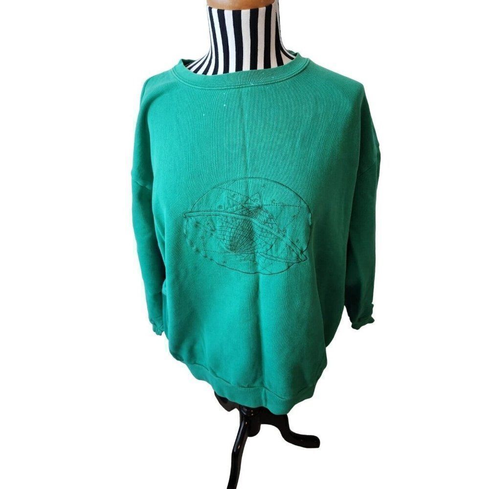 Vintage 80s Green Saturn Planet Long Sleeve Sweatshirt Crewneck Pullover L